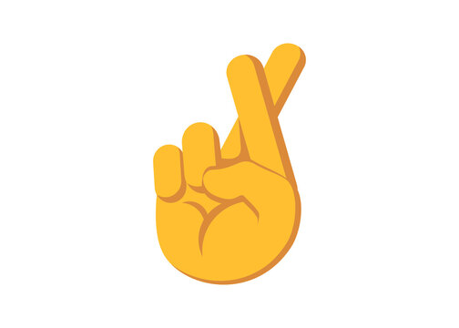 Crossed fingers hand emoji in bright yellow orange style. Lucky gesture symbolizing hope, wishing, fortune, and positive expectation. Clean isolated vector illustration for social media and design.