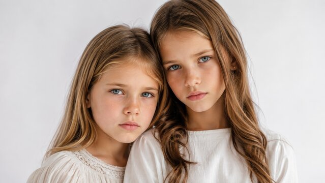 Portrait of Two Young Sisters Standing Together Against Minimal White Background
