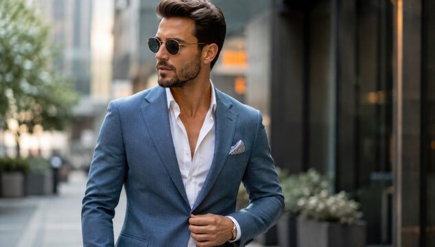 Stylish Businessman in Blue Suit and Sunglasses Walking Through Modern City Street