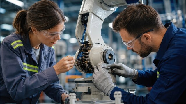 Industrial Engineers Performing Maintenance and Repair on Robotic Arm in Modern Factory