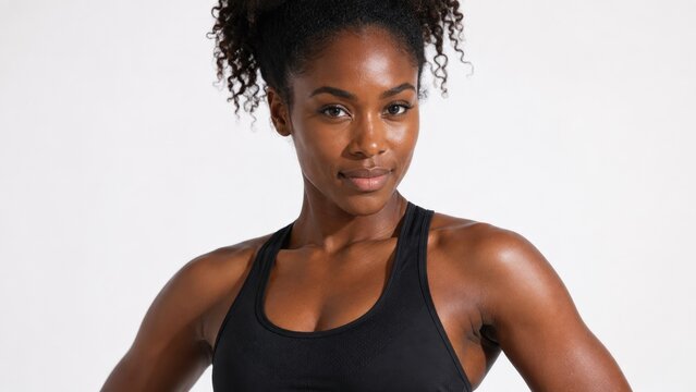 Confident Athletic Black Woman in Sportswear Posing Against Clean White Studio Background