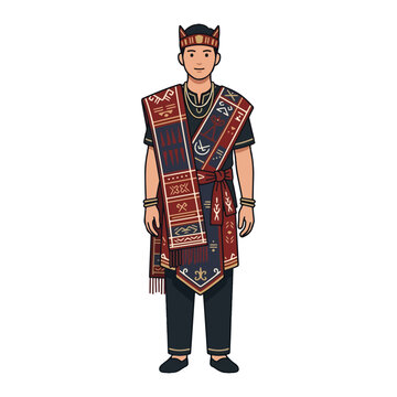 Man wearing North Sumatra Batak traditional costume with Ulos cloth and Sortali headgear
