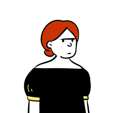 Cartoon illustration of a woman with red hair and a black top, showcasing a serious or unimpressed facial expression in a minimalist, flat design style, perfect for avatar concepts