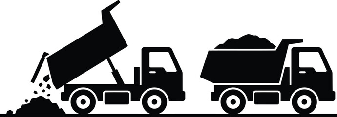 Black and white vector illustration set of dump trucks unloading and carrying dirt © MS Studio1