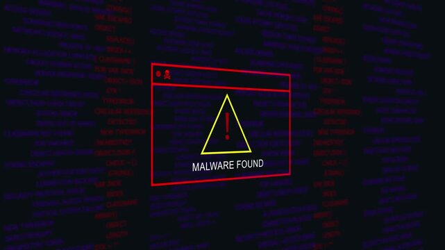 Critical cybersecurity alert displaying malware found warning message on dark digital interface with scrolling system code and network security breach data for it infrastructure and software