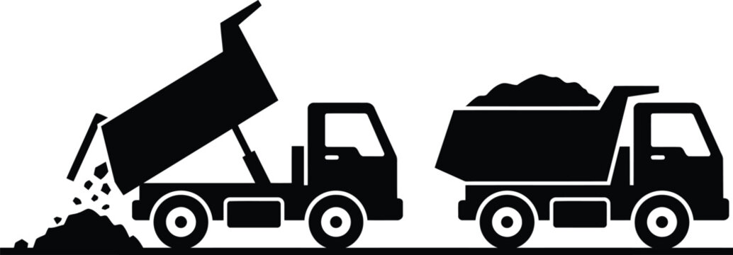 Black and white vector illustration set of dump trucks unloading and carrying dirt