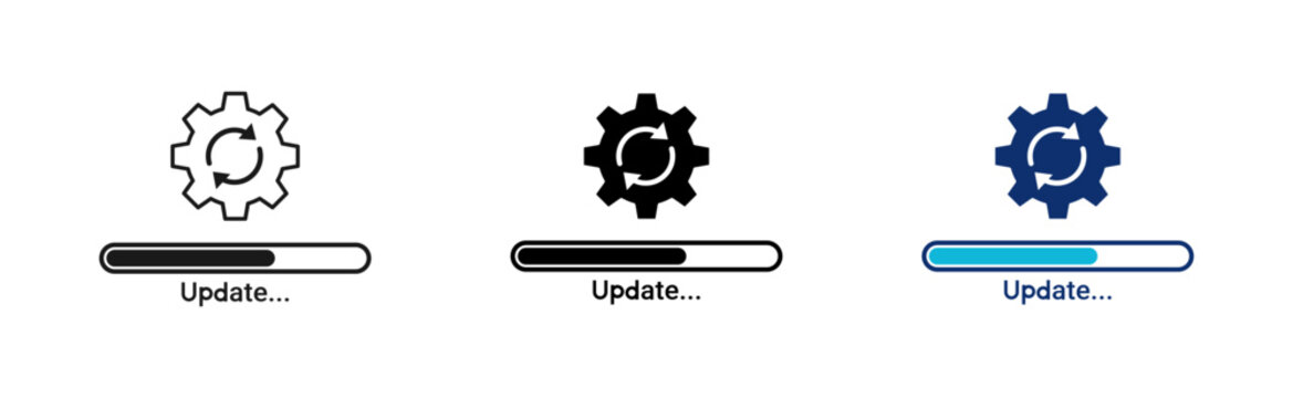Sync process, settings gear icon representing update and process automation. Update progress icon with gear refresh arrows and loading bar symbol for software system.