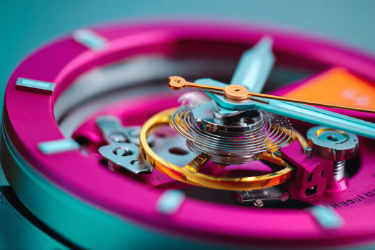 A colorful, intricate clockwork mechanism with a pink and turquoise color scheme is shown in close-up detail.