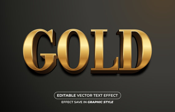 Editable glossy metallic GOLD 3D text effect with dark bevels set on a dark elegant backdrop.