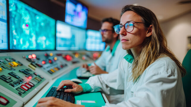 A woman in a lab coat working on computers with multiple screens behind her, wearing glasses and looking at something off-camera