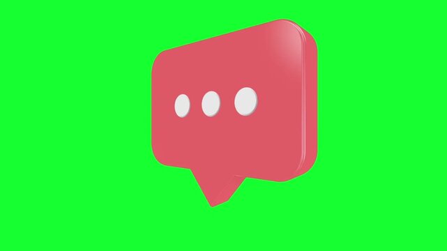 3D pink chat bubble icon rotating and spinning with typing dots isolated on a green screen background