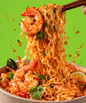 Close-up of chopsticks lifting spicy instant noodles with prawns and tom yum soup splash on a green background.