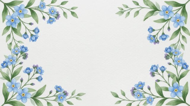 Beautiful watercolor forget-me-not flowers and green leaves border on a white background, perfect for invitations or greeting cards.