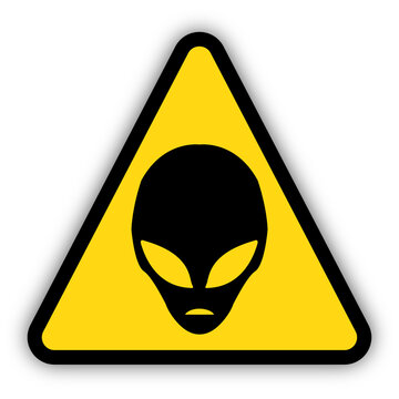 Yellow warning triangle sign with alien head inside. Transparent background.