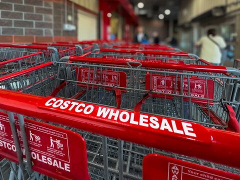 CALGARY, ALBERTA, CANADA. SEPTEMBER 10, 2026. Red metal shopping carts with Costco Wholesale logo handles lined up outside store.
