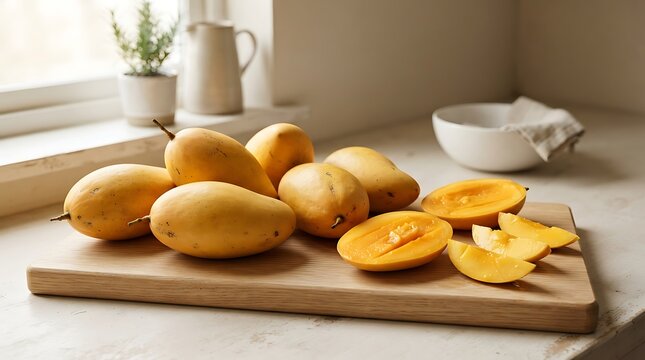Fresh ripe sapodilla fruit whole and sliced on a wooden cutting board in a bright modern kitchen setting. ataulfo mango