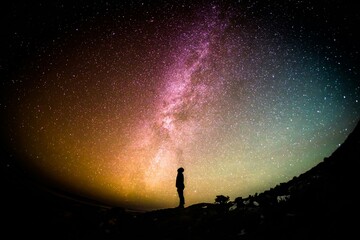 Silhouette of a person standing under a colorful starry night sky in a natural outdoor setting © Md