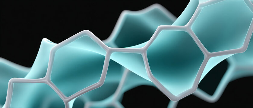 A series of blue and white hexagonal shapes against a black background