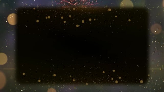 Festive fireworks display background with three dark rectangular frames for text overlay and celebration themed graphic design elements for holiday events with anniversary