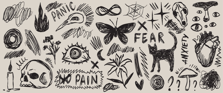 Scribble doodle elements for poster, social media. Handwritten anxiety, fear, pain, panic doodles. Rough emotional hand drawn ball pen sketch grunge illustrations. Chaotic freehand pencil drawings.