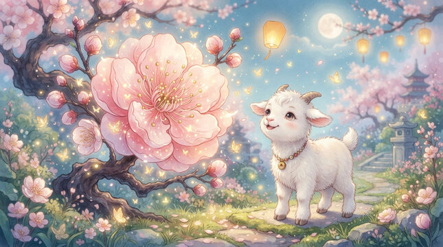Cute white baby goat standing in a dreamy spring field filled with blooming plum blossoms