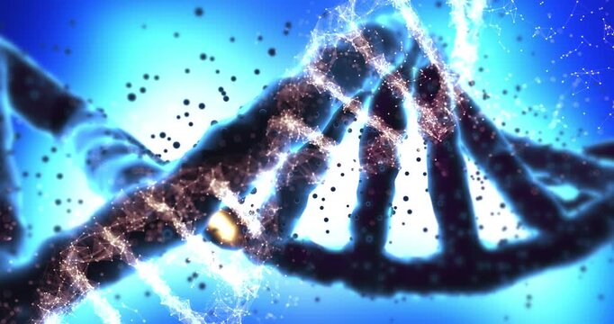 Scientific visualization of DNA double helix rotation highlighting orange gene mutation.