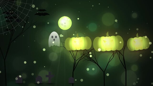 Halloween spooky animation with glowing pumpkins and ghost. Dark cemetery night background with bats and moon. Festive holiday motion graphic.