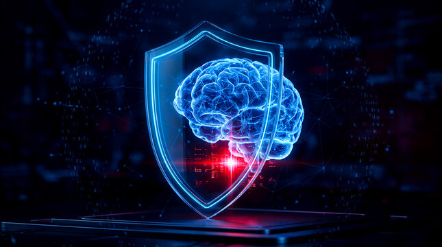 A glowing digital human brain protected by a futuristic shield, representing advanced cybersecurity, artificial intelligence security, and data protection technology