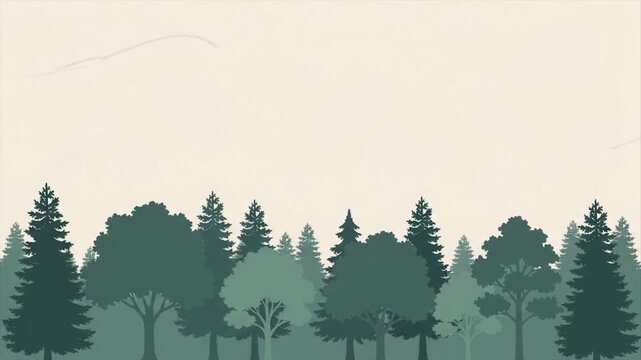 北欧風の針葉樹と広葉樹が並ぶ静かな森のシルエット背景