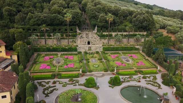 Storico Giardino Garzoni&rsquo;s baroque parterre, fountains and stairways fill the frame as the drone makes a gentle parallax move.