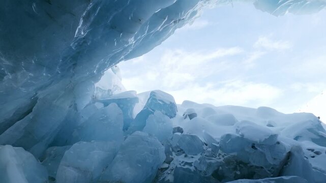 Jagged blue ice blocks and a curved glacier ceiling open to a bright winter sky at Morteratsch Glacier.