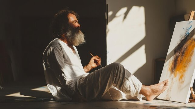 Bearded Male Artist Painting on Canvas in Sunlit Studio