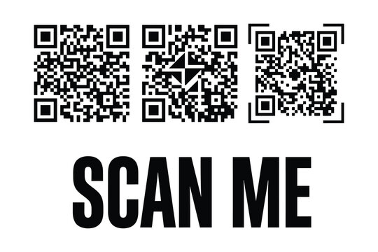 Set of three black qr codes for digital scanning with text scan me qr code scan me web access smart phone digital link black and white digital identity information design scanning app