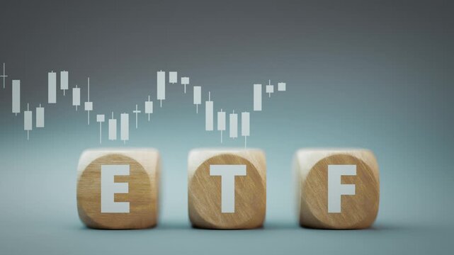 ETF Wooden Blocks Beneath Animated Candlestick Market Chart
