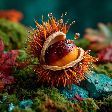 A vibrant chestnut with water droplets on its spiky husk, surrounded by autumn leaves and moss in a forest setting