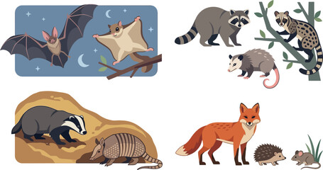 Obraz premium Woodland creatures in natural habitat during twilight and daytime vector illustration