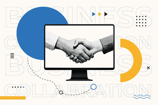 Computer Monitor Showing Handshake with Business Collaboration Typography Background. Halftone Pop Art Collage Design for Online Partnership and Virtual Deal Concept in Retro Style