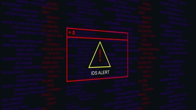 Intrusion detection system ids alert warning notification displayed on a dark digital background, with scrolling system, error logs and, critical security failure, code lines for