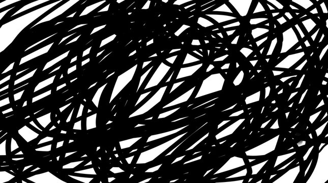 Black abstract chaotic scribbles on white background