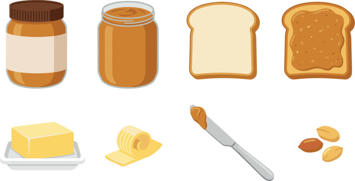 Peanut butter vector icons set featuring jars bread slices butter knife spread and raw nuts on white background.