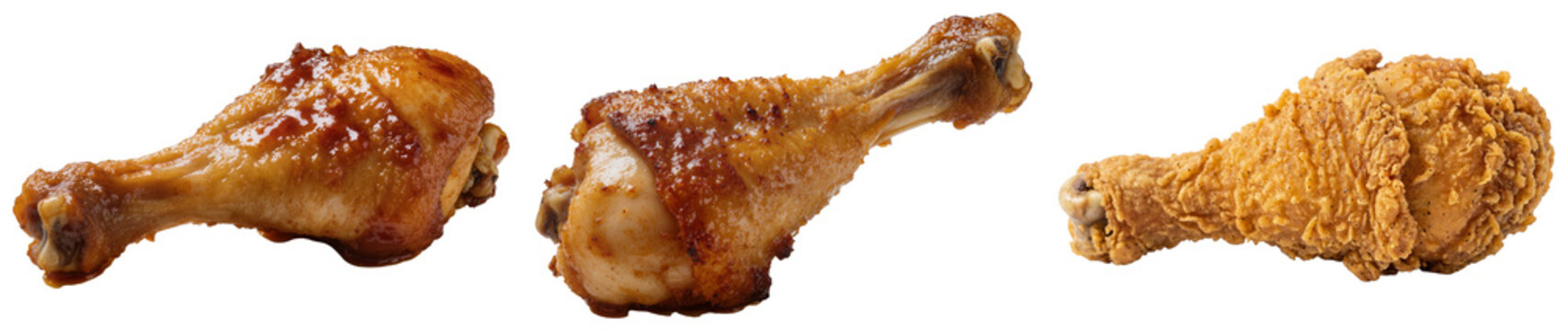 Three different types of fried chicken legs isolated on a white background
