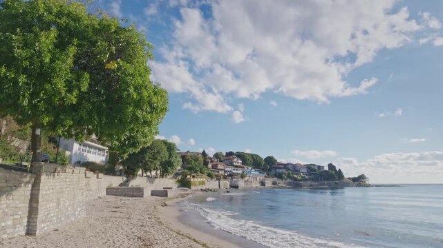 Ancient church of Saint John Aliturgetos and Seaside Promenade in Nessebar, Burgas, Bulgaria