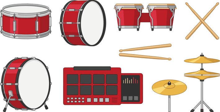 Red drum kit elements vector illustration set featuring bass drums snare bongos cymbals drumsticks and electric pad.