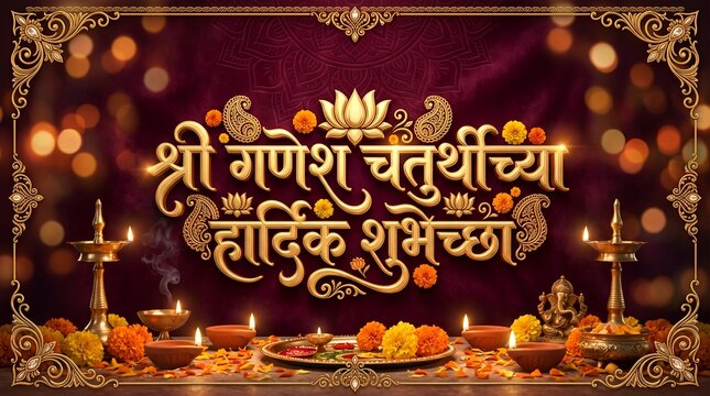 Ganesh Chaturthi Marathi Wishes Golden Typography Background