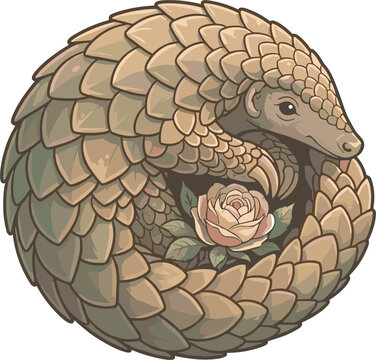 Cute Cartoon Pangolin Curled into a Ball Protecting a Pink Rose Flower Vector Illustration for Wildlife Conservation, Nature, and Greeting Card Designs