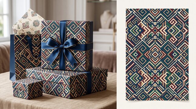 Gift boxes with blue ribbons and geometric tribal pattern wrapping paper geometric packaging wrapping celebration