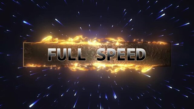 Full speed text overlay with flaming fire effects and warp speed light streaks background for dynamic motion graphics and cinematic intro title sequences with video words