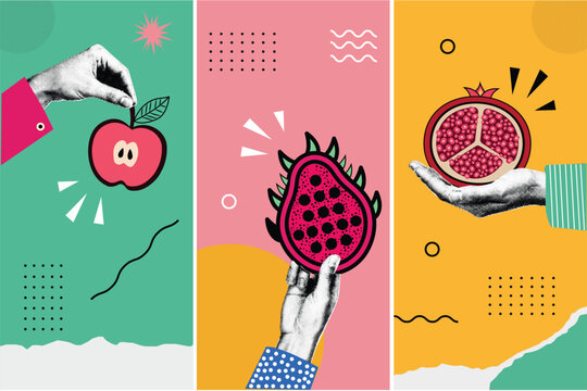 Apple, Dragon Fruit, and Pomegranate Held by Hand on Colorful Background. Halftone Pop Art Collage Poster Set for Fresh Fruit and Healthy Eating Concept in Retro Style