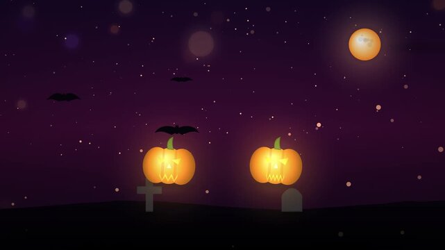Halloween animation with glowing pumpkins and bats. Spooky graveyard scene under a full moon. Purple night sky with stars and tombstones.
