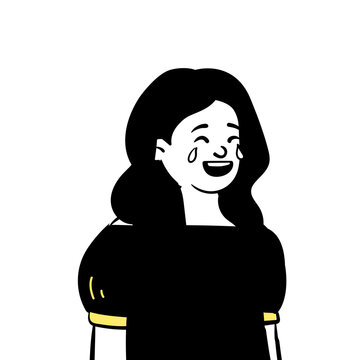 Minimalist Black and White Illustration of a Young Woman Expressing Intense Joy and Laughing with Tears
